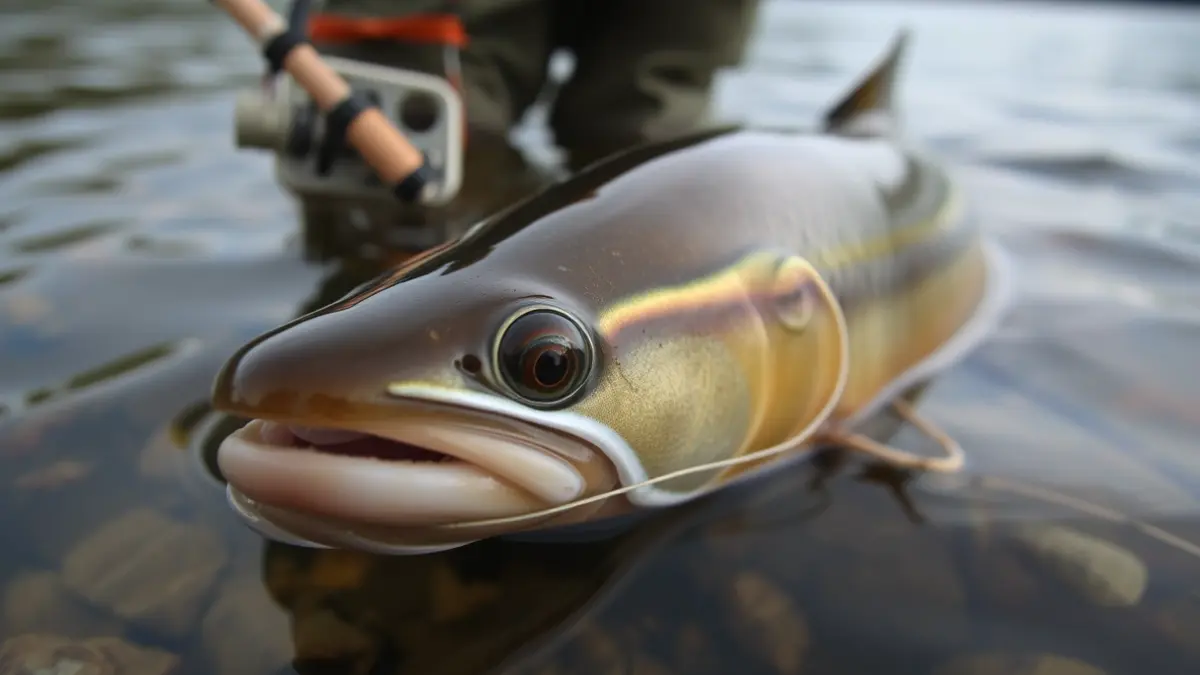 Imagen de una lamprea en el río, con aparejos de pesca.