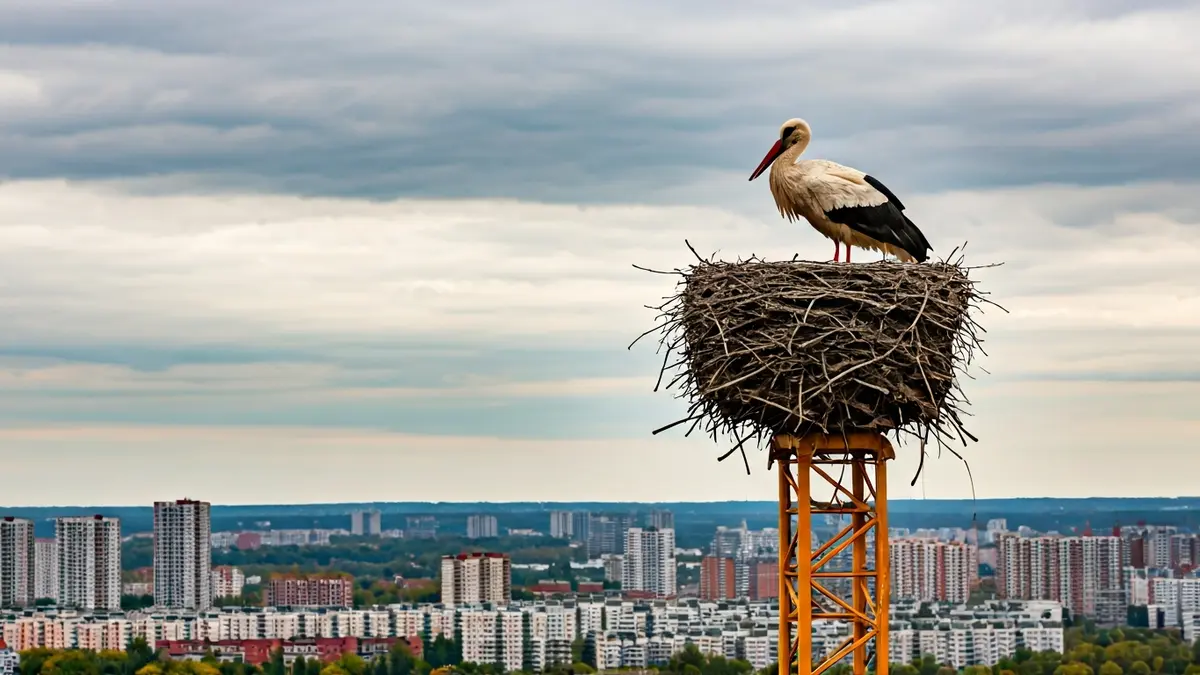 Imagen de un nido de cigüeña en una grúa de construcción en Ourense.