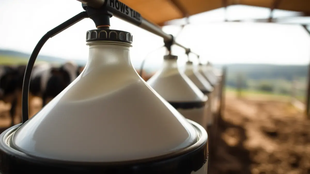 Imaxe xenérica dunha granxa de leite, con bidóns ou tanques de recollida.