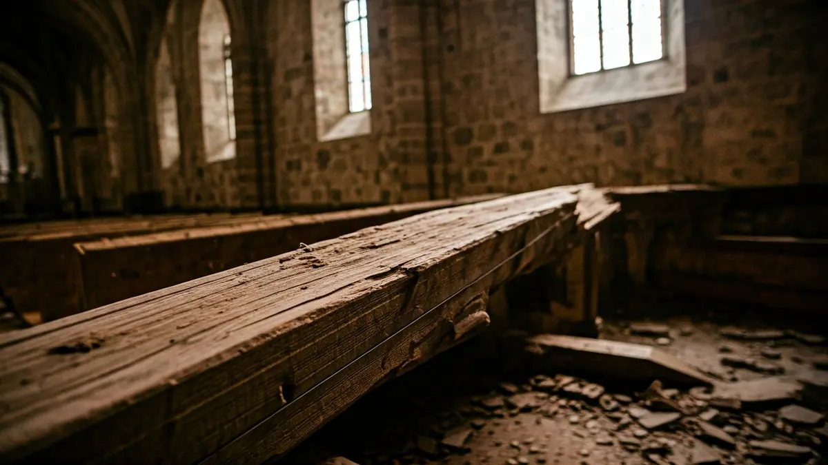 Imaxe dunha viga de madeira danada no interior dunha igrexa de pedra antiga.