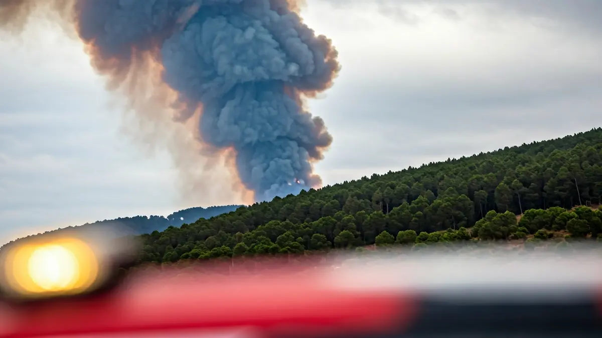 Imaxe xenérica dunha columna de fume sobre un bosque, con luces de emerxencia borrosas.