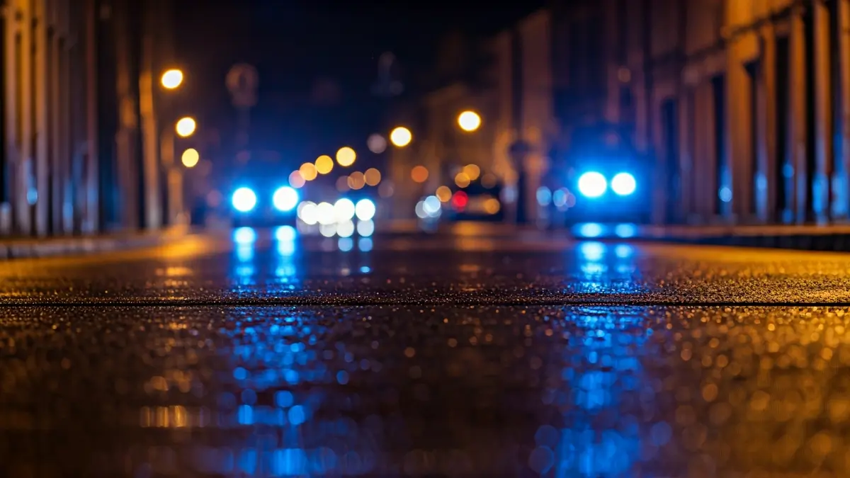 Imaxe xenérica de luces de emerxencia reflectidas no asfalto mollado pola noite.