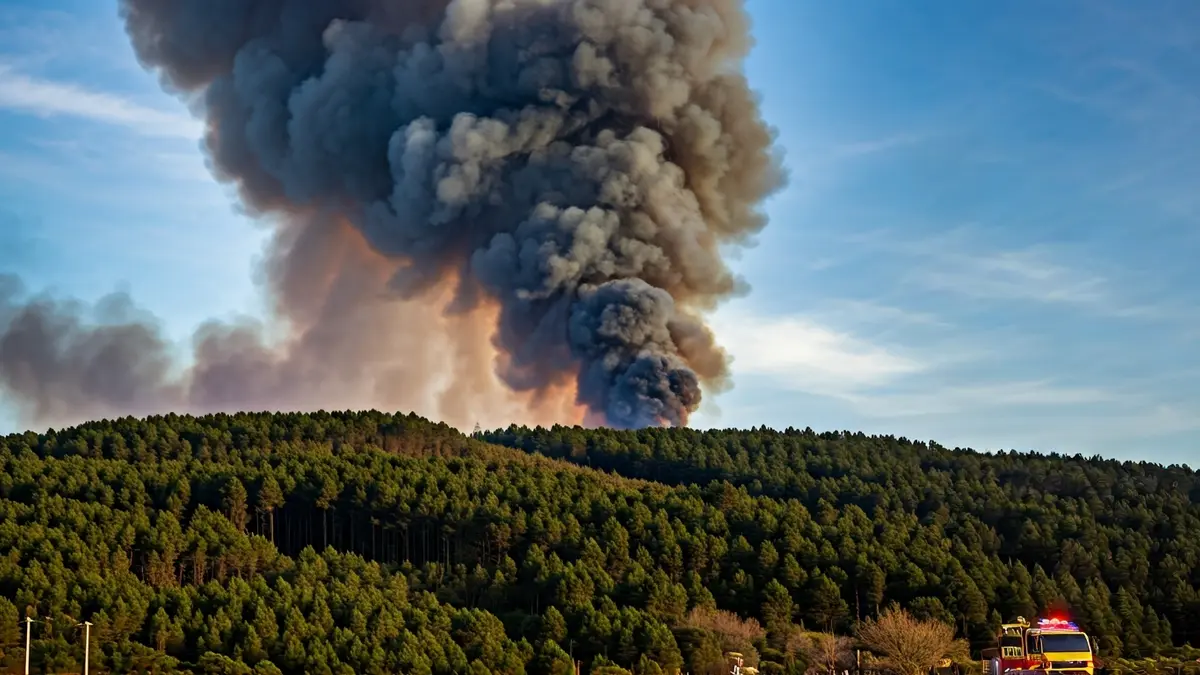 Imaxe xenérica dunha columna de fume sobre un bosque, indicando un incendio forestal.