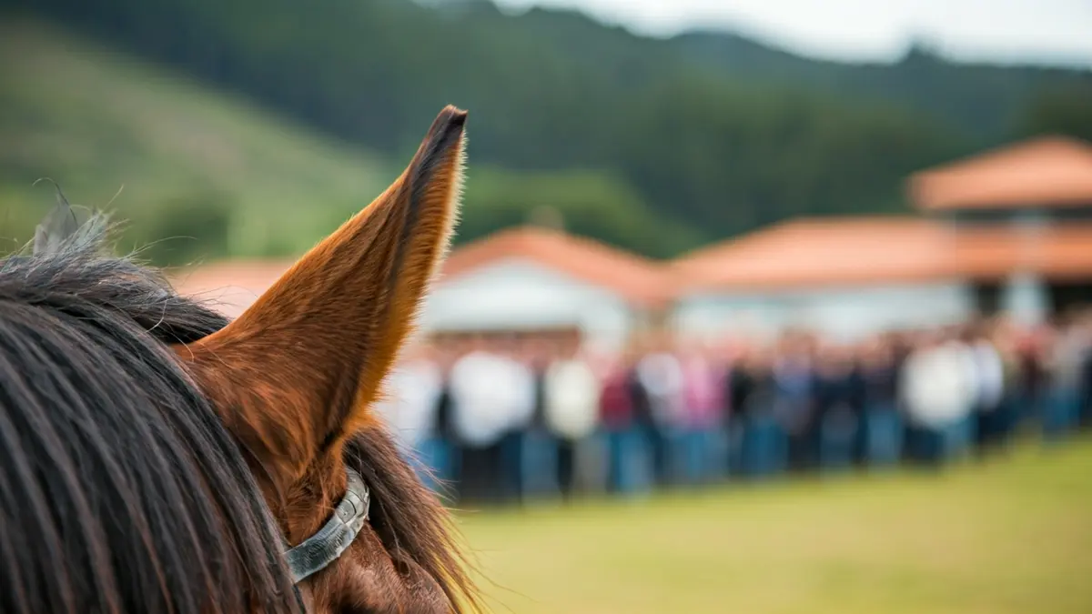 Imaxe dunha orella de cabalo con marcas de identificación borrosas.