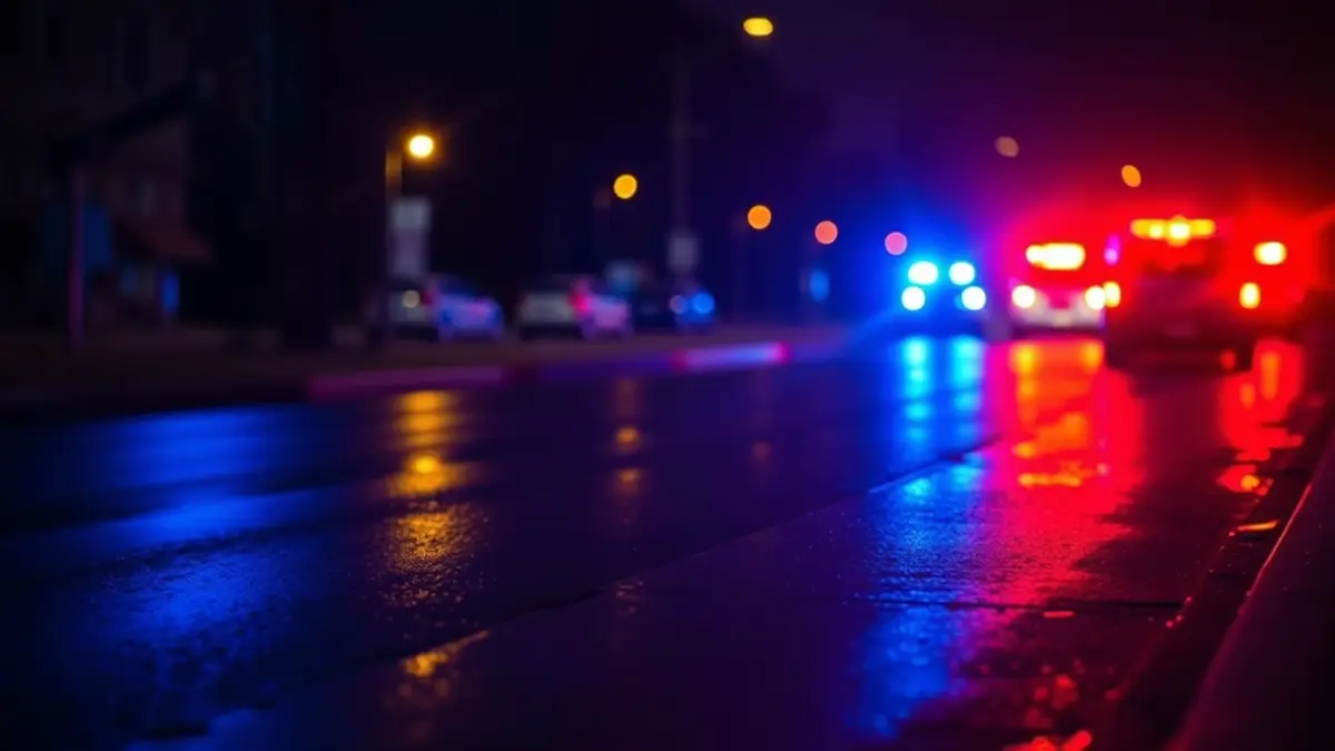 Imaxe xenérica de luces de emerxencia reflectíndose sobre asfalto mollado pola noite.