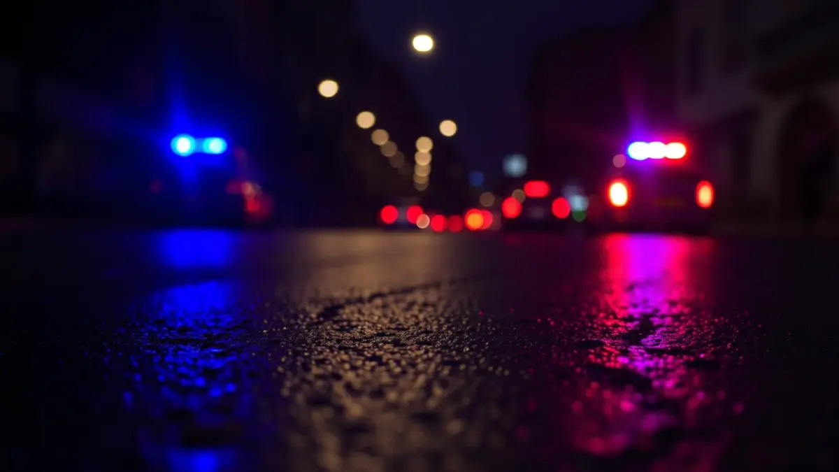 Imagen genérica de luces de emergencia reflejándose sobre asfalto mojado por la noche.