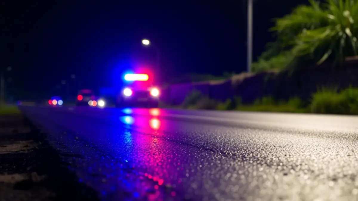 Imagen genérica de luces de emergencia reflejándose sobre asfalto mojado por la noche.