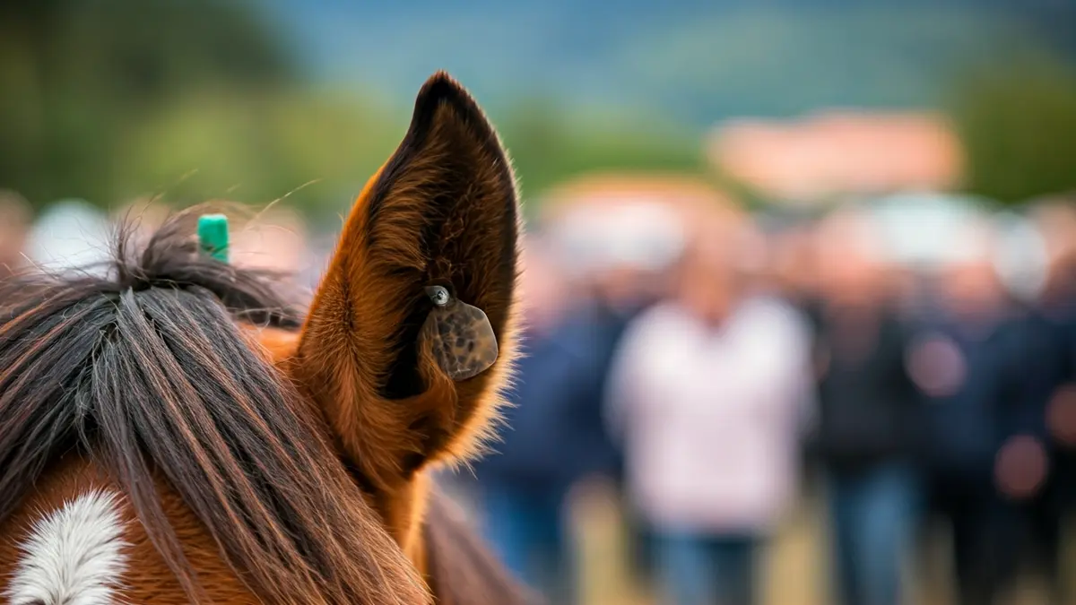 Imaxe dunha orella de cabalo cunha marca alterada, nun contexto rural galego.