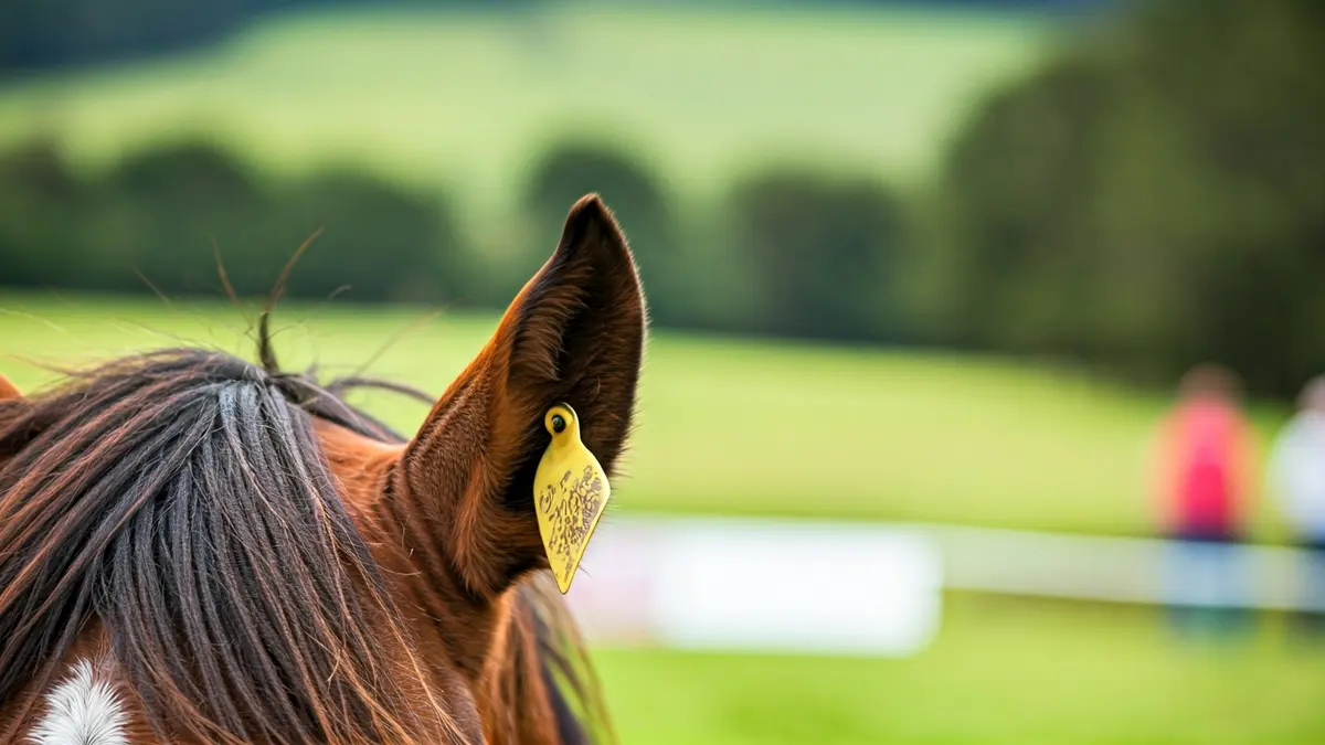 Imaxe dunha orella de cabalo con marcas de identificación modificadas e feridas.