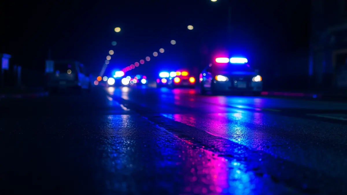 Imagen genérica de luces de emergencia policiales reflejándose sobre asfalto mojado por la noche.