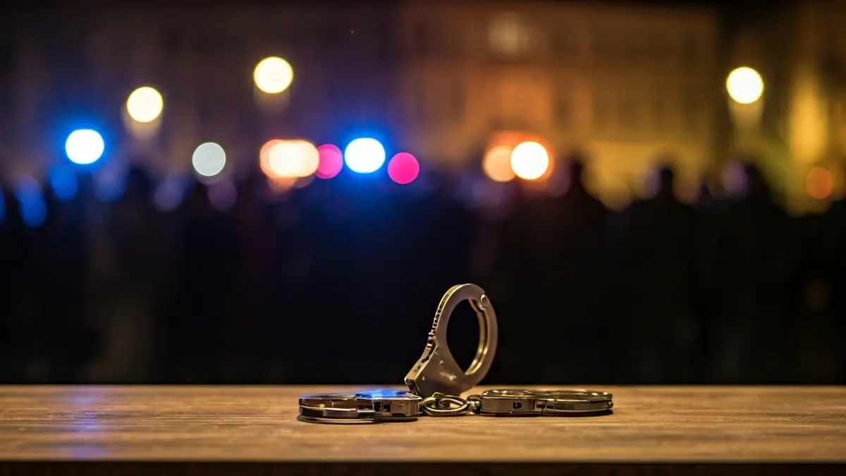 Imaxe xenérica de unhas esposas sobre unha mesa de madeira, con luces de policía borrosas ao fondo.