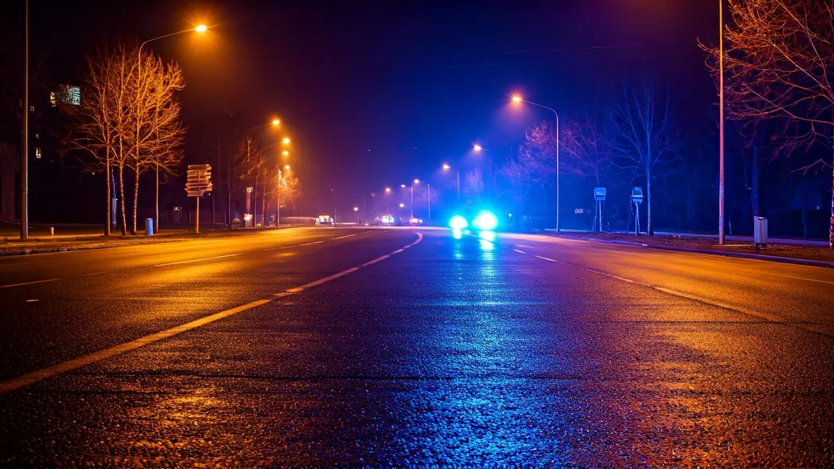 Imaxe xenérica de luces de emerxencia reflectíndose sobre asfalto mollado.
