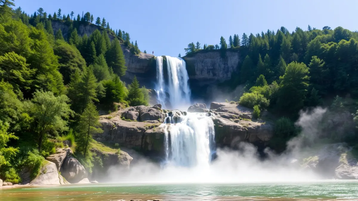 Imagen de una cascada espectacular en medio de un bosque frondoso.