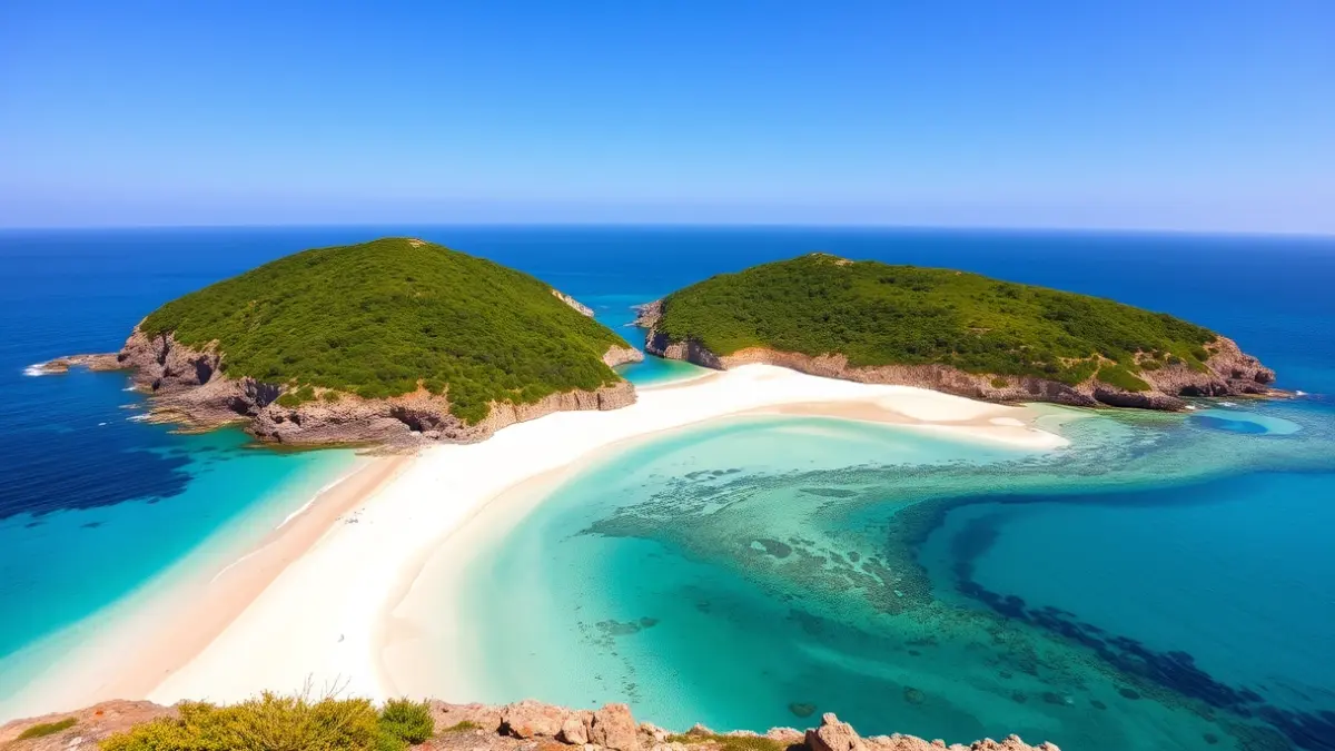 Imagen panorámica de la playa de Rodas conectando las islas de Monteagudo y Faro en las Cíes.