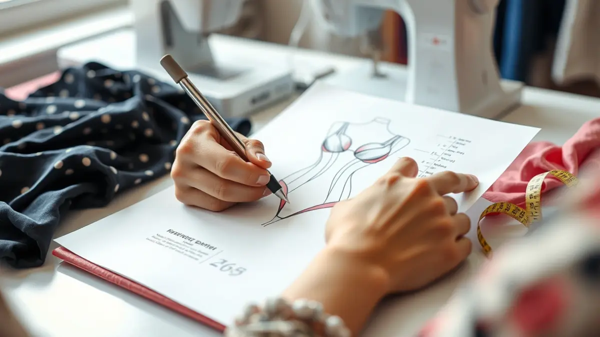 Imaxe xenérica dunhas mans de deseñadora de moda debuxando un deseño de traxe de baño.