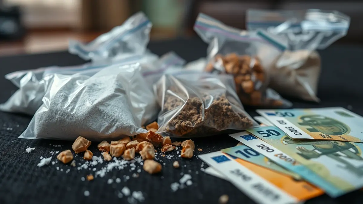 Imaxe xenérica de drogas incautadas e diñeiro en efectivo.