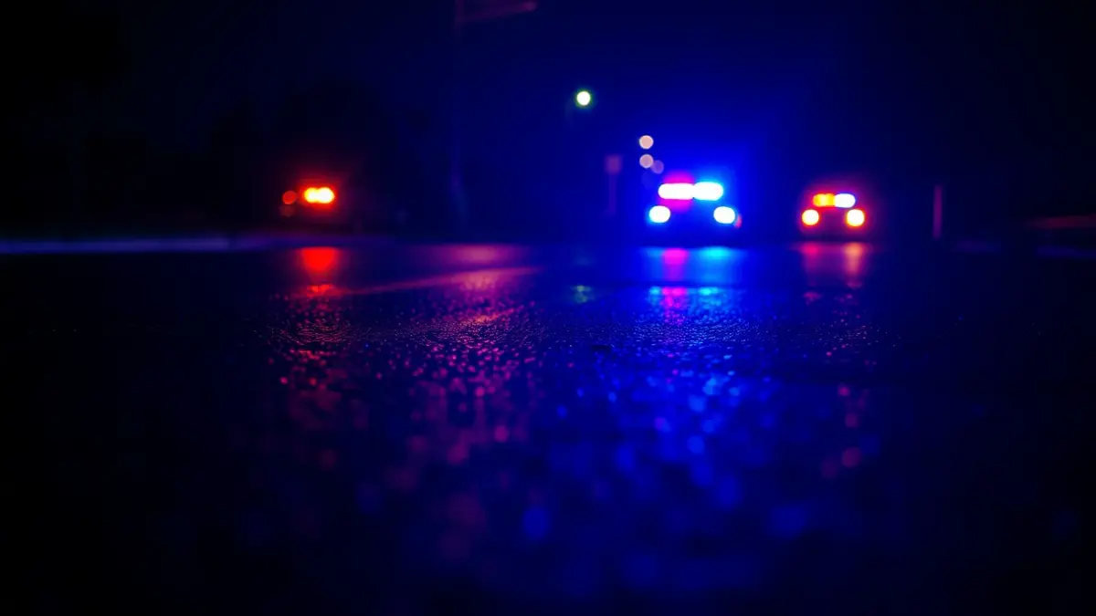 Imaxe xenérica de luces de emerxencia policiais reflectíndose sobre asfalto mollado pola noite.