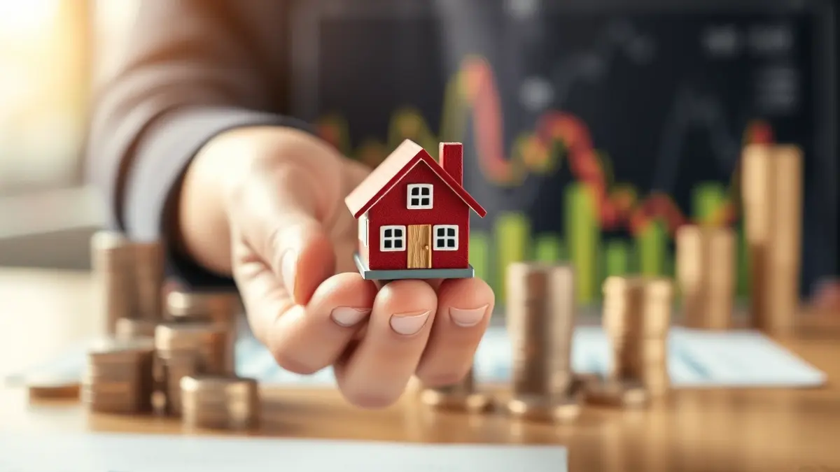 Imagen genérica de una mano sosteniendo una figura de casa, con monedas y gráficos financieros de fondo.