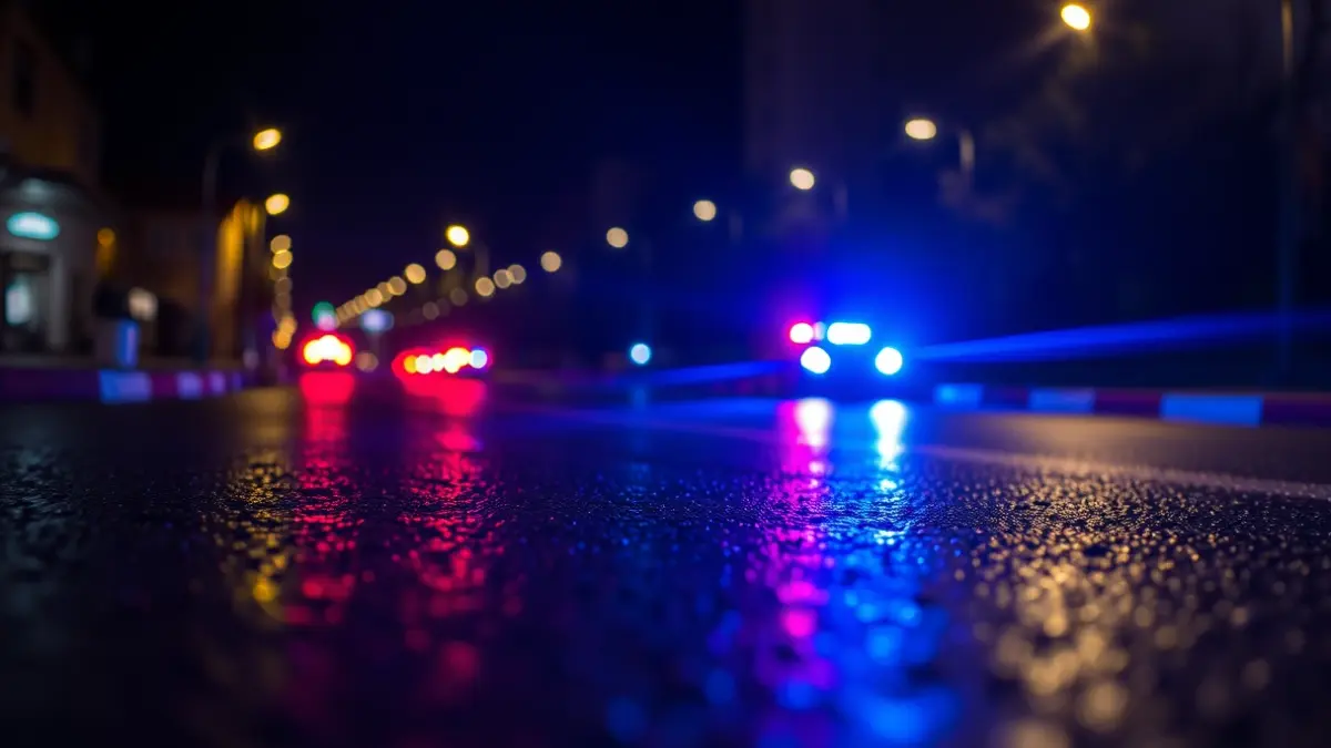 Imagen genérica de luces de emergencia reflejándose sobre asfalto mojado por la noche.