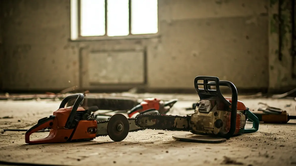 Imagen de herramientas agrícolas como una motosierra, taladros y una amoladora, esparcidas en el suelo de un edificio abandonado.