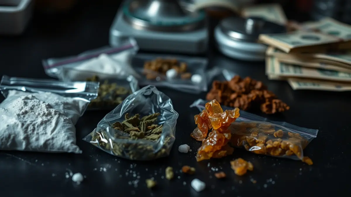 Imagen genérica de drogas incautadas y dinero en efectivo.