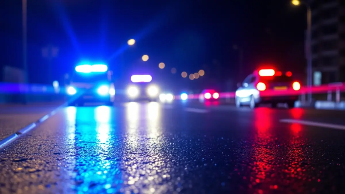 Imagen genérica de luces de emergencia reflejándose en el asfalto mojado por la noche.