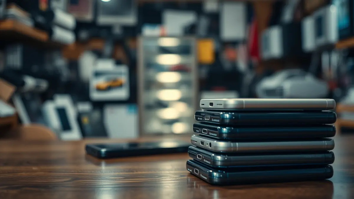 Imaxe xenérica de teléfonos móbiles nunha tenda de segunda man.