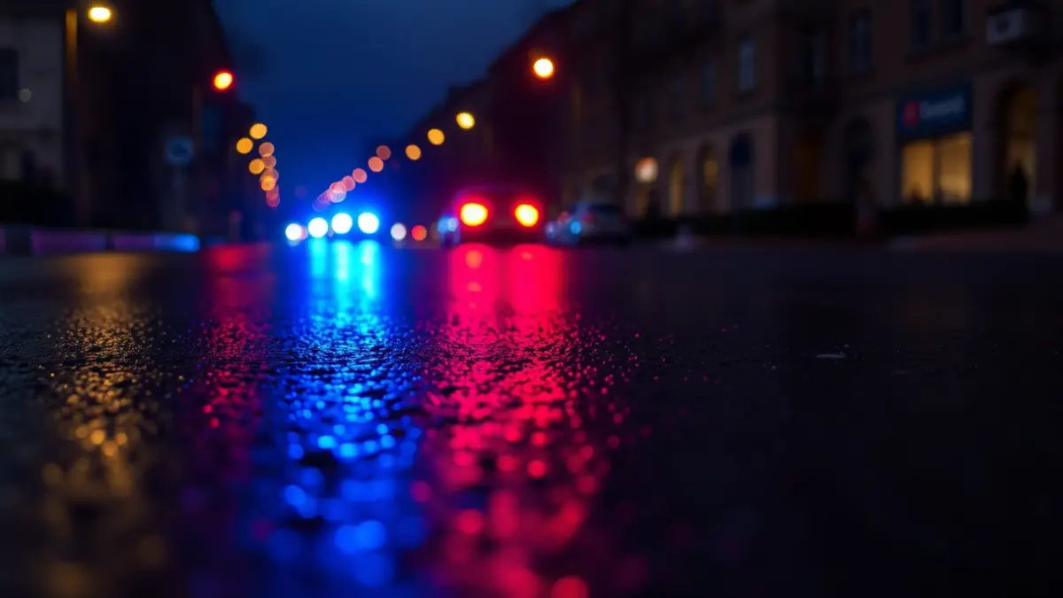 Imagen genérica de luces de emergencia reflejándose sobre asfalto mojado por la noche.