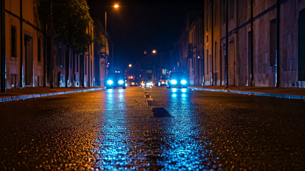 Imaxe xenérica de luces de emerxencia reflectidas no asfalto mollado.