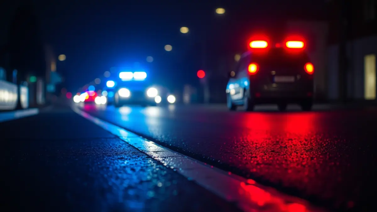 Imaxe xenérica de luces de emerxencia reflectíndose sobre asfalto mollado pola noite.