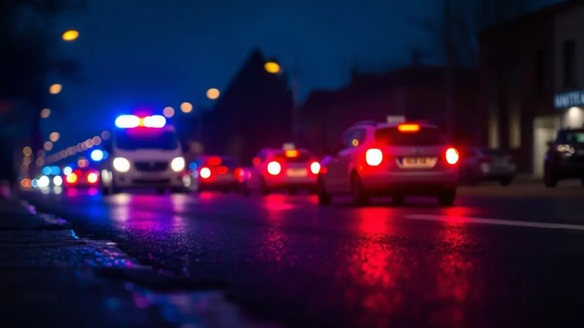 Imagen genérica de luces de emergencia reflejándose sobre asfalto mojado.