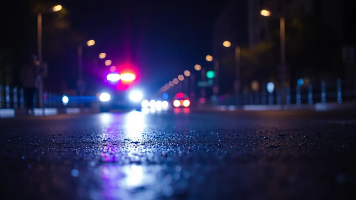Imagen genérica de luces de emergencia reflejándose sobre asfalto mojado.