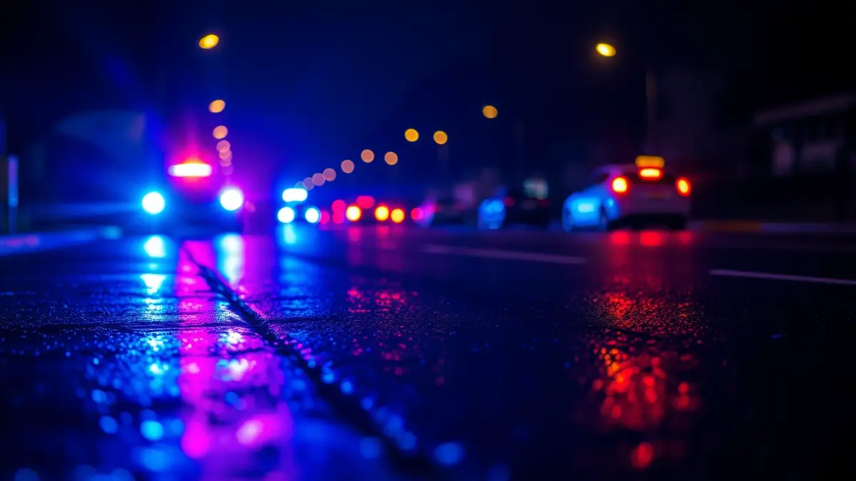 Imagen genérica de luces de emergencia reflejándose sobre asfalto mojado.