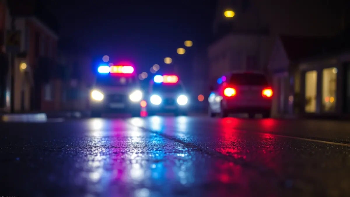 Imagen genérica de luces de emergencia reflejándose sobre asfalto mojado por la noche.