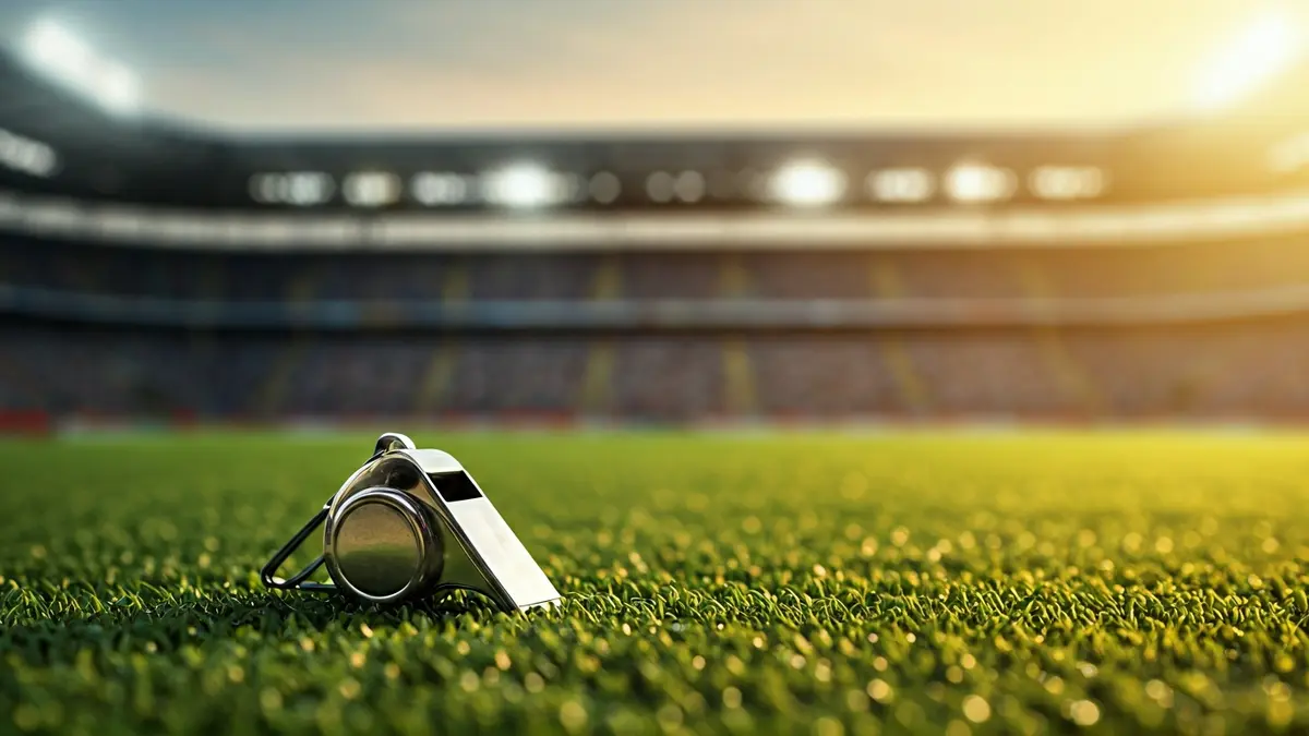 Imaxe xenérica dun asubío de árbitro sobre un campo de fútbol.