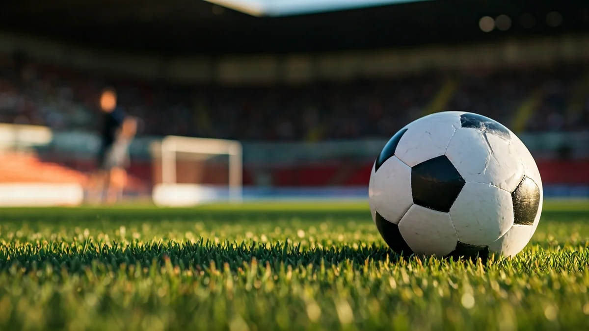 Imagen genérica de un balón de fútbol sobre la hierba de un campo, con la portería difuminada al fondo.
