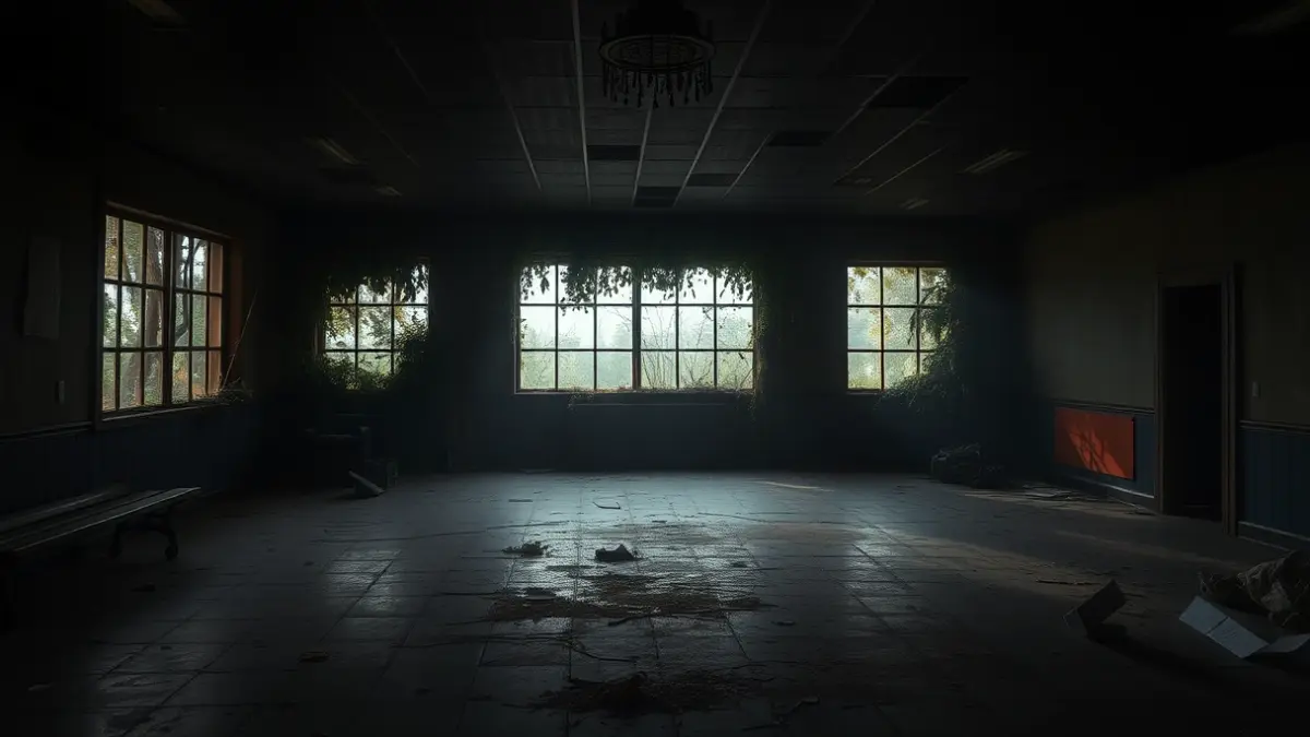 Imaxe dunha pista de baile abandonada dunha antiga discoteca, con vexetación e pouca luz.