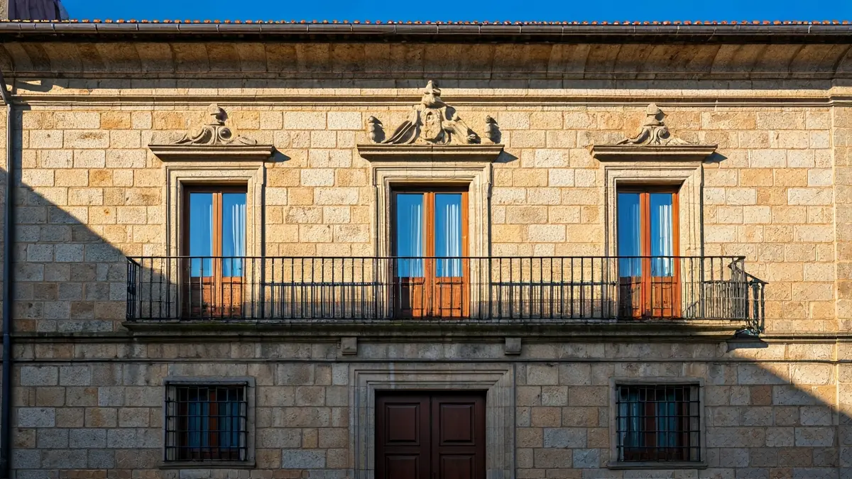 Fachada de pedra dun concello galego con balcón e varandas de ferro, baixo a luz do sol da tarde.