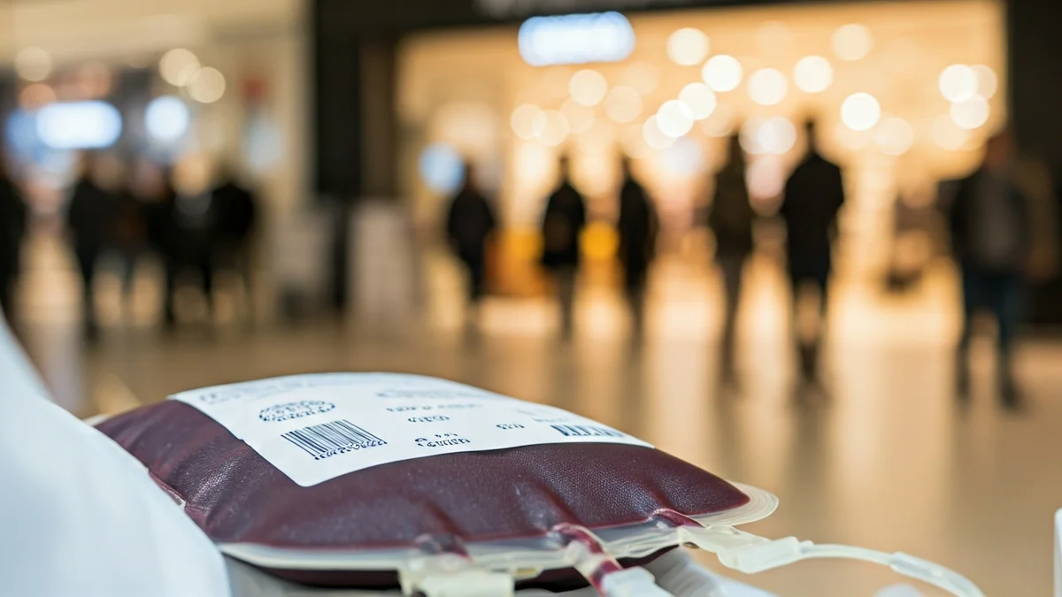 Imagen genérica de una bolsa de donación de sangre siendo llenada, con fondo borroso de un centro comercial.