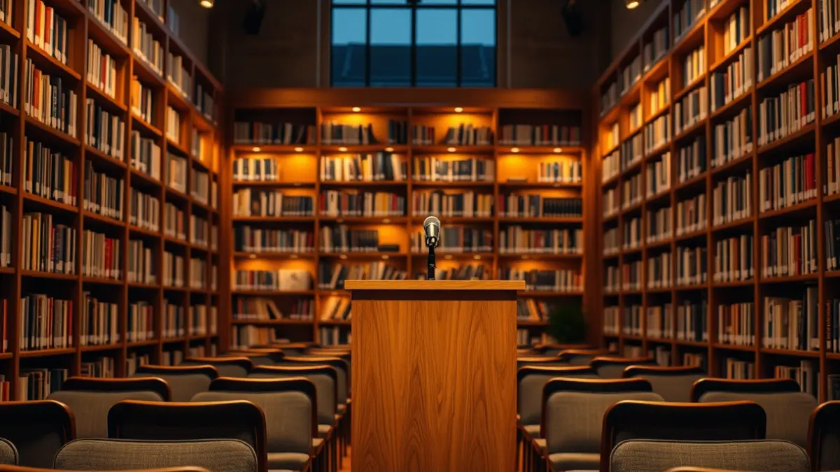 Imagen genérica de una sala de conferencias o biblioteca, con estantes de madera y un micrófono en un podio.