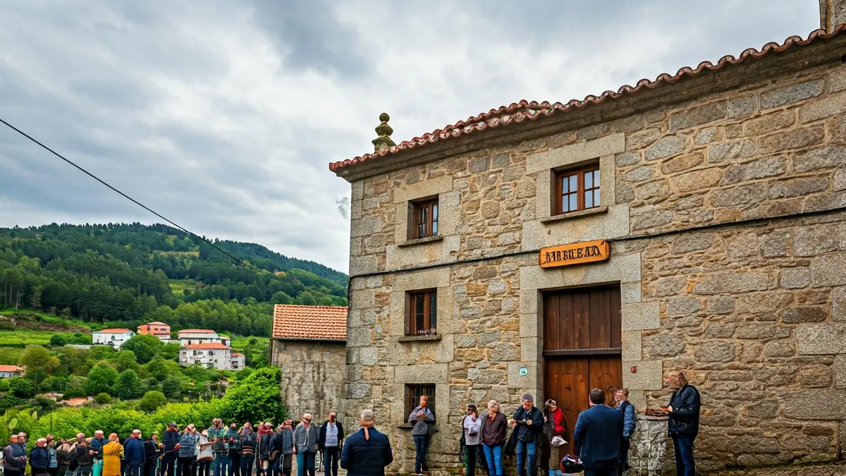Imagen de un edificio de ayuntamiento gallego con un nuevo letrero, simbolizando el cambio de nombre de los municipios.