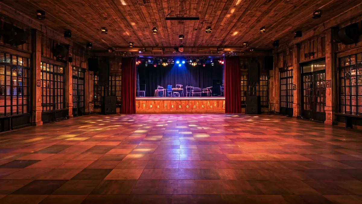 Imaxe dunha pista de baile de discoteca con luces de cores, evocando a historia dun local de ocio nocturno.