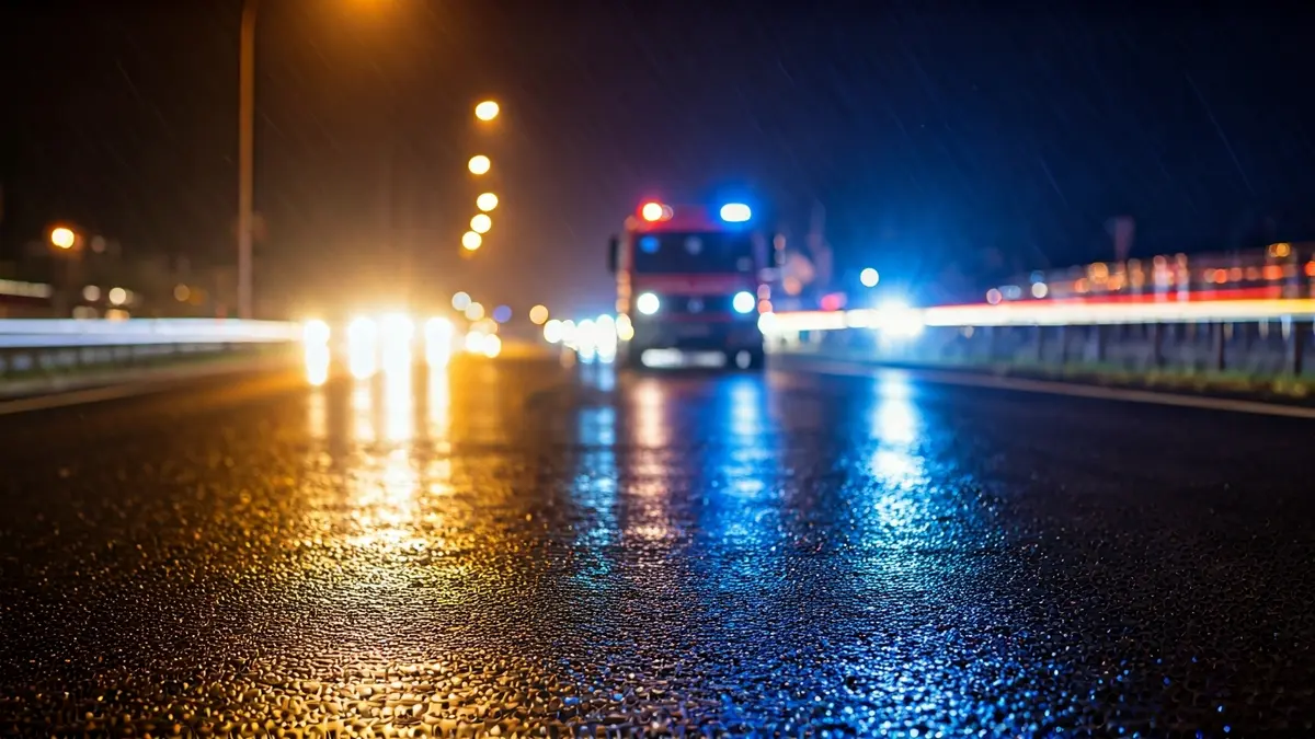Imaxe xenérica de luces de emerxencia reflectidas sobre asfalto mollado.