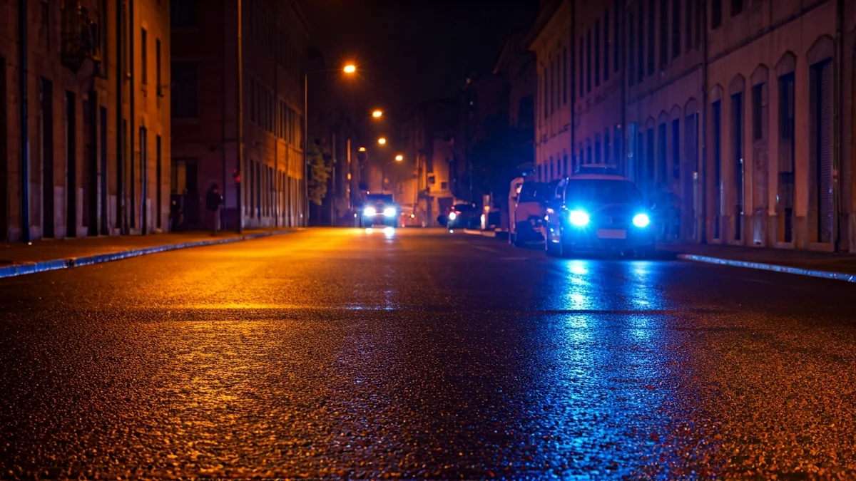 Imaxe xenérica de luces de emerxencia reflectidas no asfalto mollado pola noite.