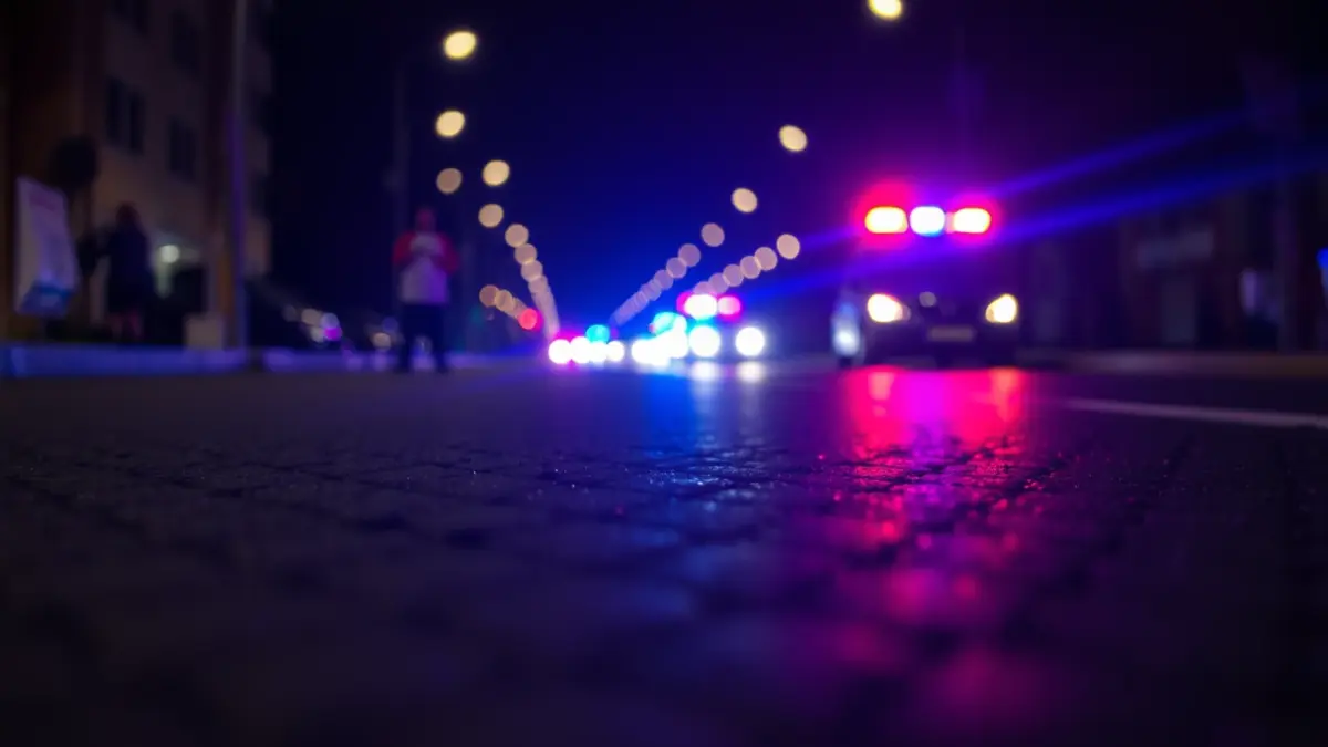 Imaxe xenérica de luces de emerxencia reflectíndose sobre asfalto mollado.