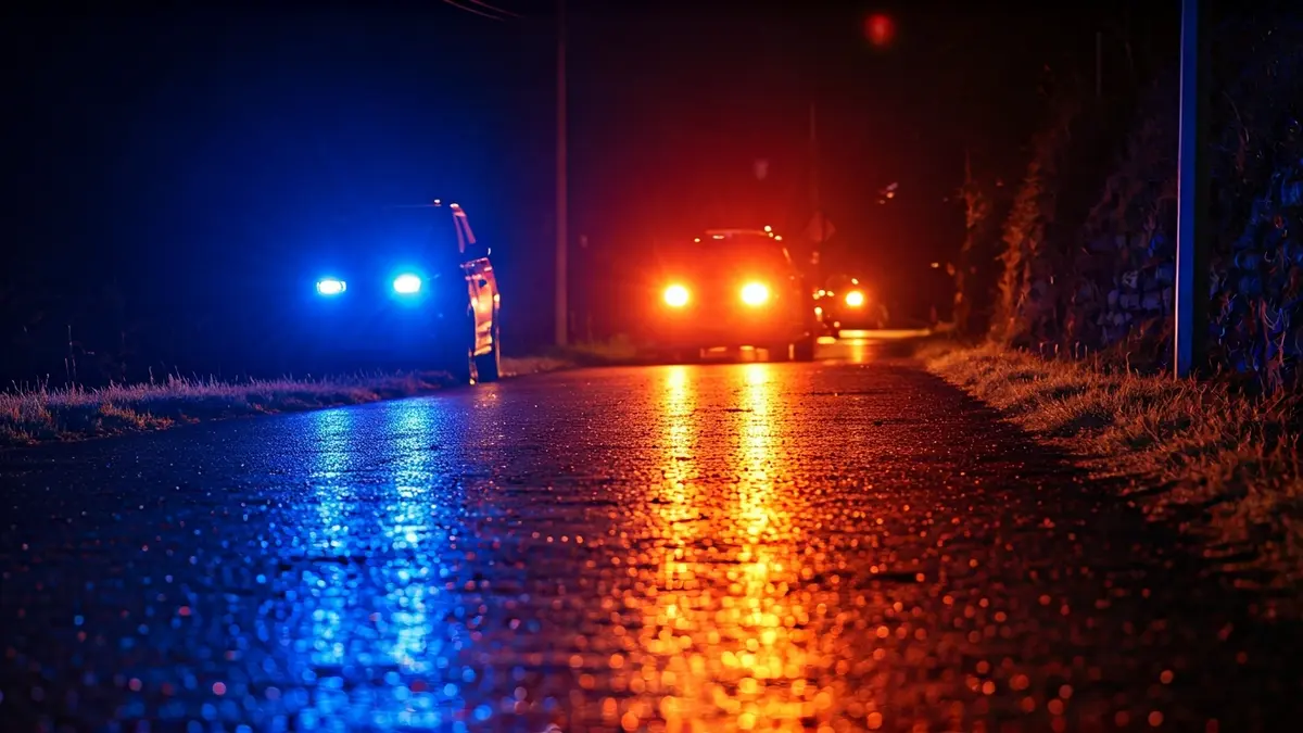 Imaxe xenérica de luces de emerxencia reflectidas no asfalto mollado pola noite, suxerindo un accidente de tráfico.
