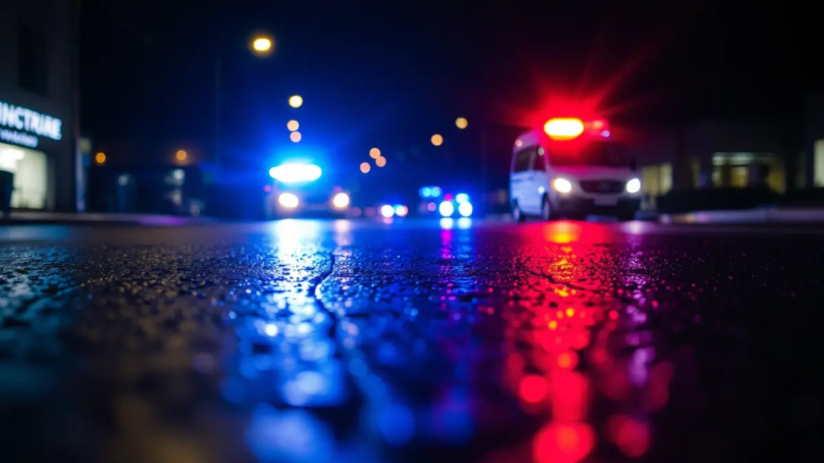 Imagen genérica de luces de emergencia reflejándose en el asfalto mojado.