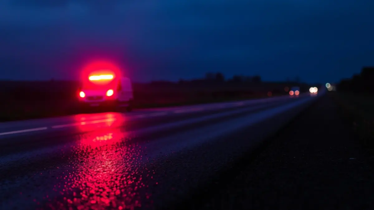 Imagen genérica de luces de emergencia reflejándose sobre asfalto mojado.