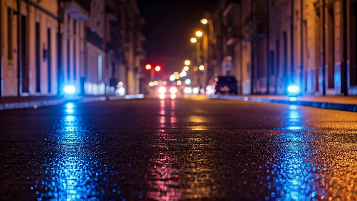 Imaxe xenérica de luces de emerxencia reflectíndose sobre asfalto mollado pola noite.