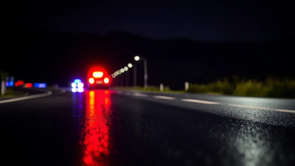 Imagen genérica de luces de emergencia policiales reflejándose sobre asfalto mojado por la noche.